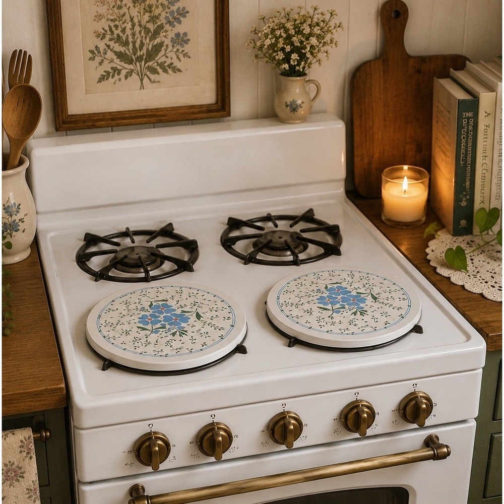 Vintage Floral Stove Burner Covers Set 2 Blue Boho Cottage Core Kitchen Retro